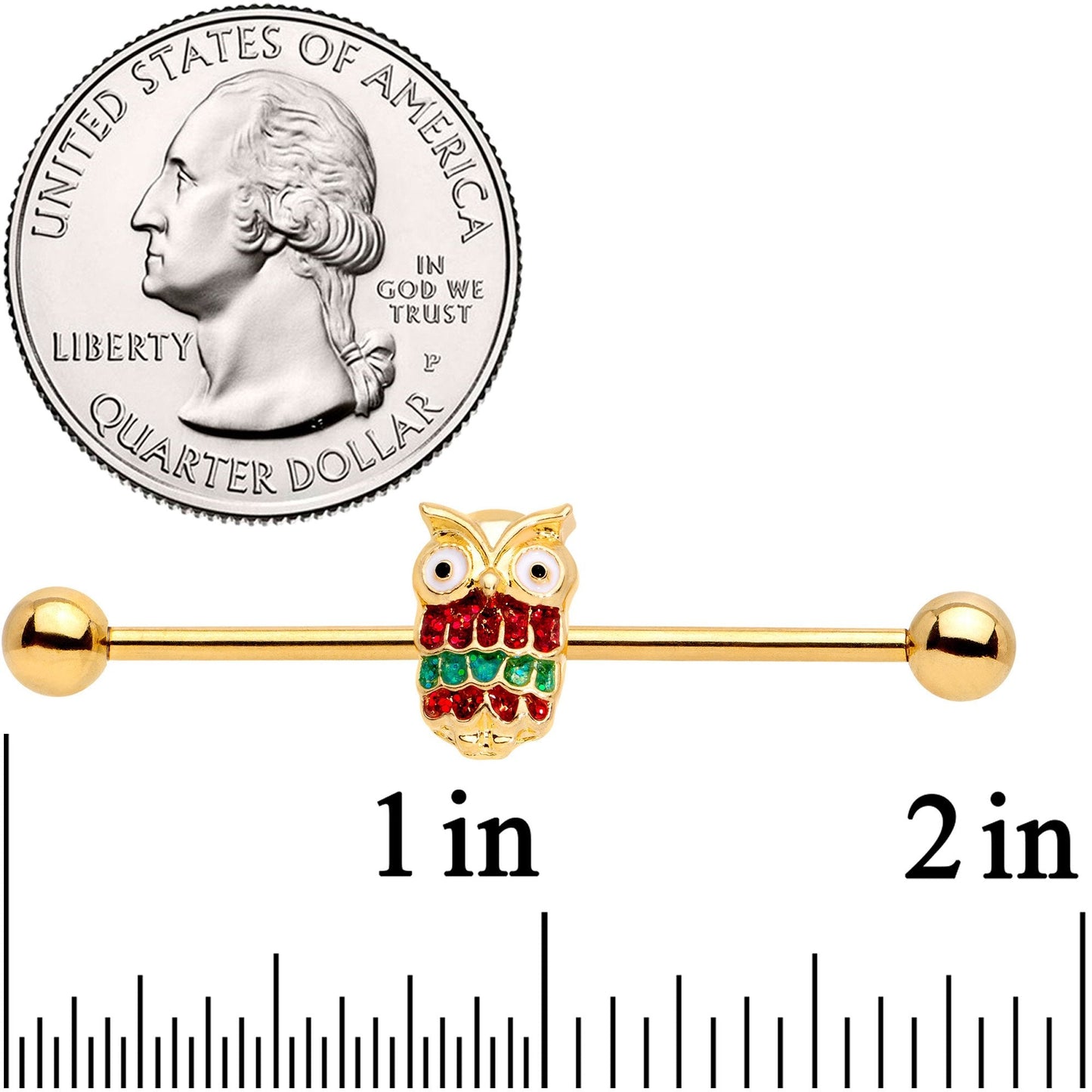 14G Gold Tone Happy Holiday Hoot Owl Industrial Barbell 38mm
