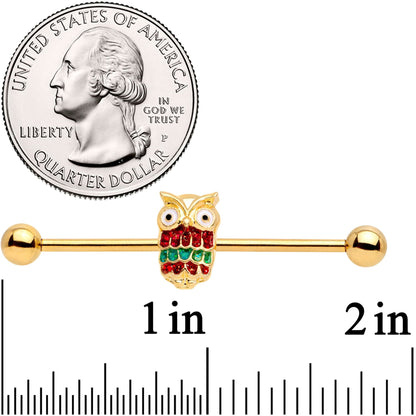 14G Gold Tone Happy Holiday Hoot Owl Industrial Barbell 38mm