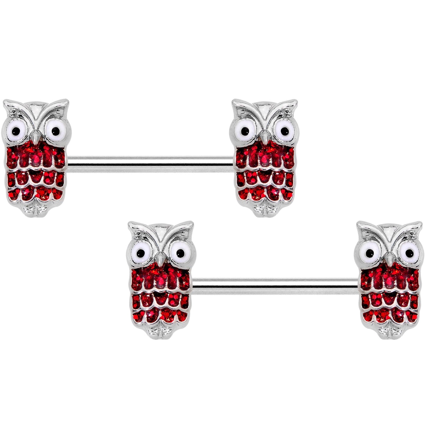 14G 9/16 Red Happy Holiday Hoot Owl Barbell Nipple Ring Set