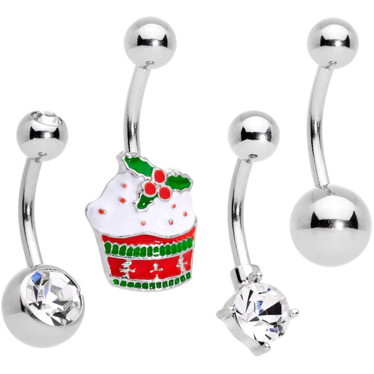 Clear Gem Red Holiday Cupcake Belly Ring Set of 4