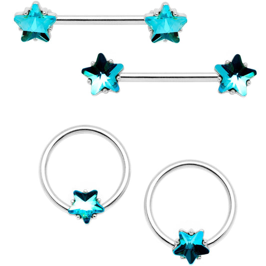 14G 9/16 1/2 Blue Star Gem BCR Barbell Nipple Ring Set