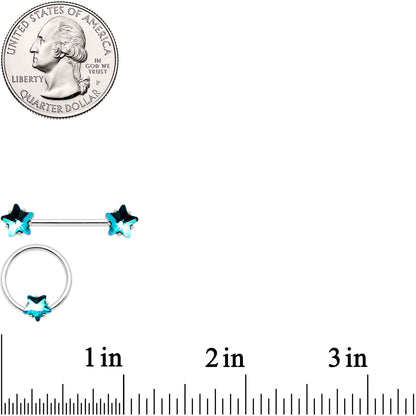 14G 9/16 1/2 Blue Star Gem BCR Barbell Nipple Ring Set