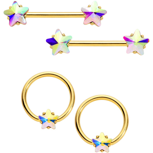 14G Aurora Star Gem Gold Tone BCR Barbell Nipple Ring Set
