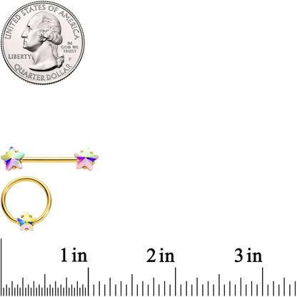 14G Aurora Star Gem Gold Tone BCR Barbell Nipple Ring Set