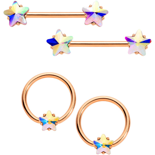 14G Aurora Star Gem Rose Gold Tone BCR Barbell Nipple Ring Set