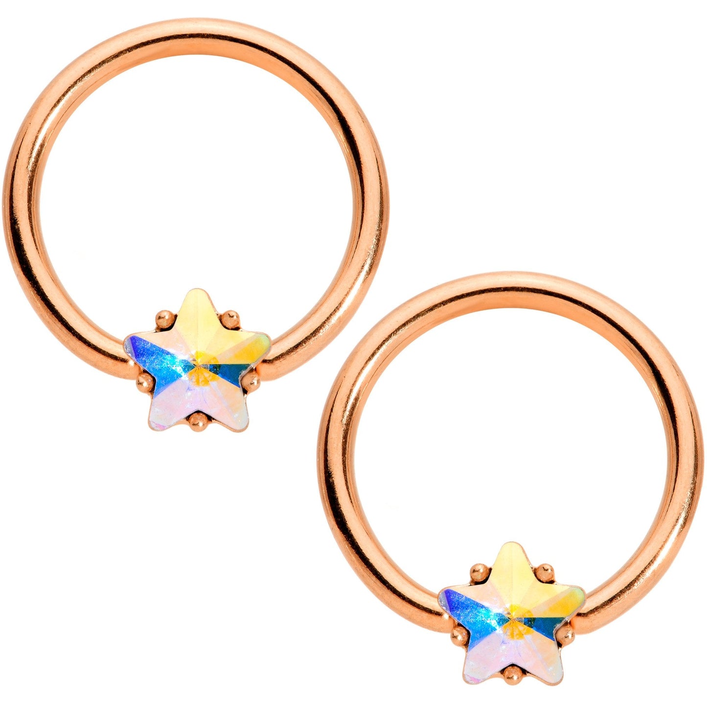 14G Aurora Star Gem Rose Gold Tone BCR Barbell Nipple Ring Set