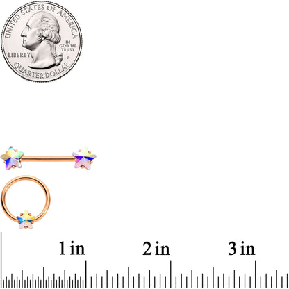 14G Aurora Star Gem Rose Gold Tone BCR Barbell Nipple Ring Set