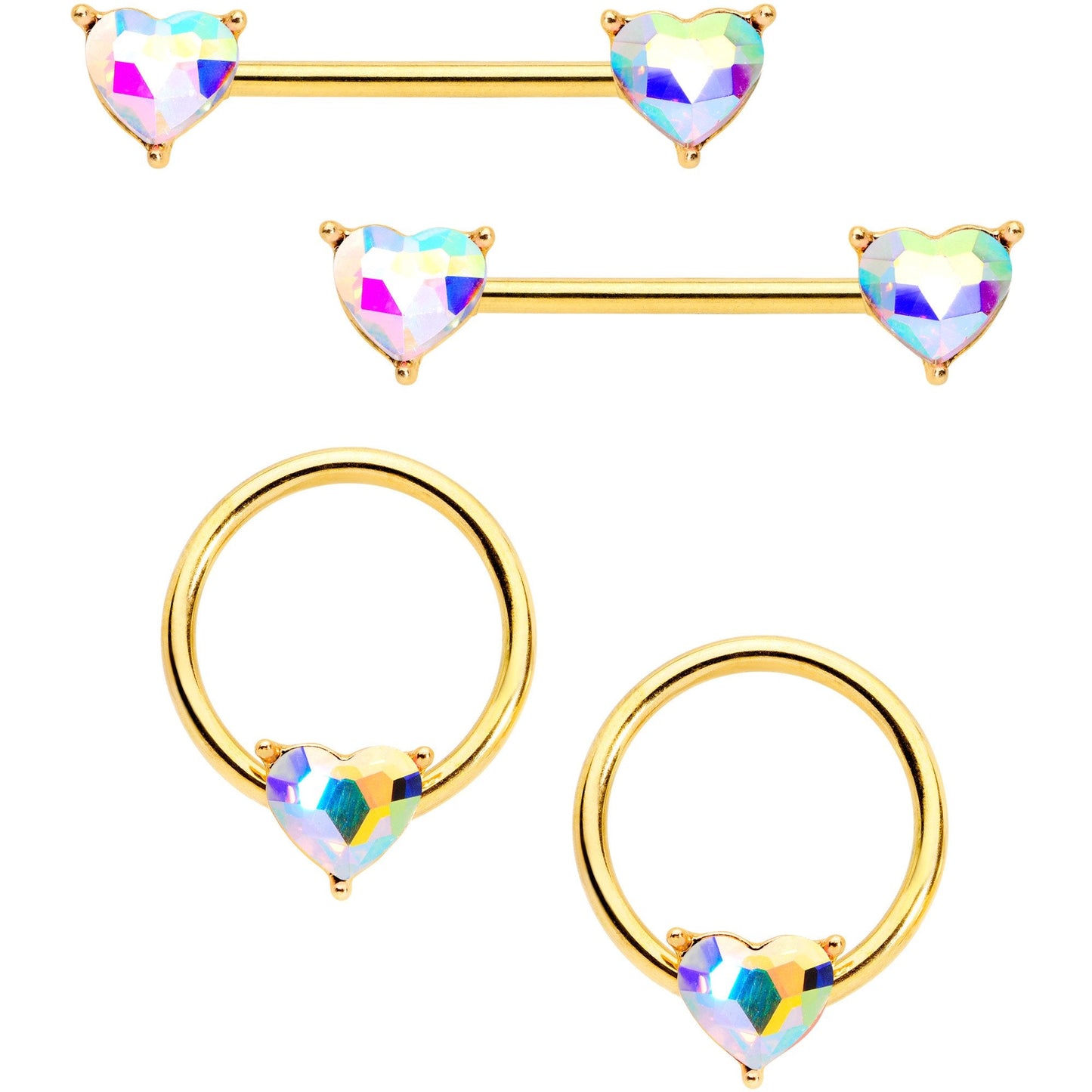 14G Aurora Heart Gem Gold Tone BCR Barbell Nipple Ring Set