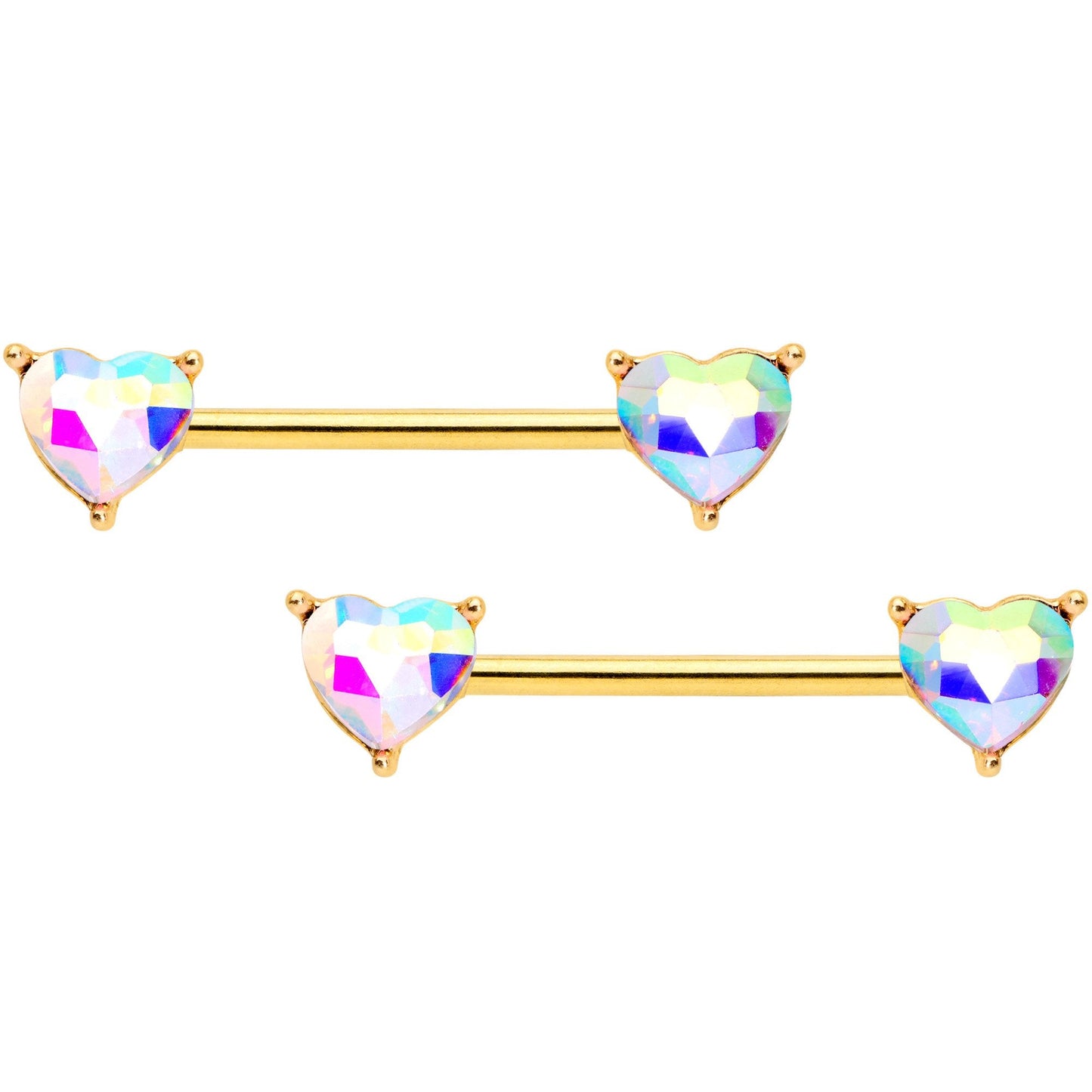 14G Aurora Heart Gem Gold Tone BCR Barbell Nipple Ring Set