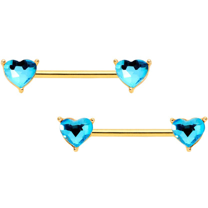 14G Blue Valentine Gem Gold Tone BCR Barbell Nipple Ring Set