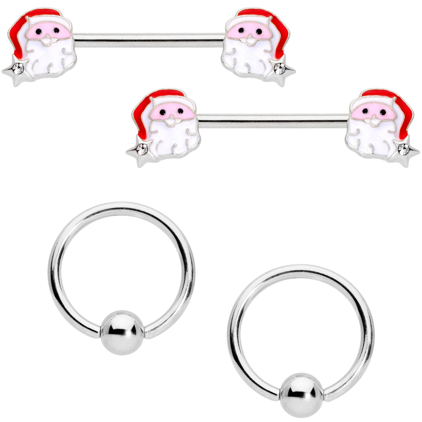 14G 9/16 Santa Captive Barbell Nipple Ring Set of 4