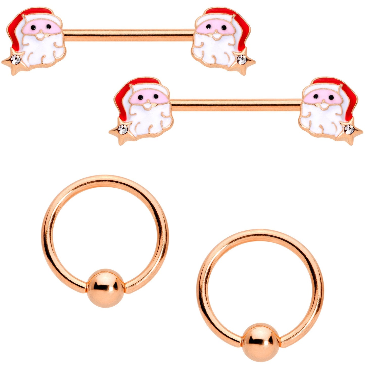 14G Rose Gold Tone Santa Captive Barbell Nipple Ring Set of 4