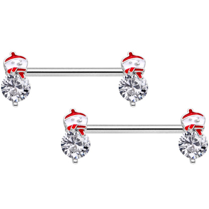14G 9/16 Clear Gem Winter Snowman Barbell Nipple Ring Set