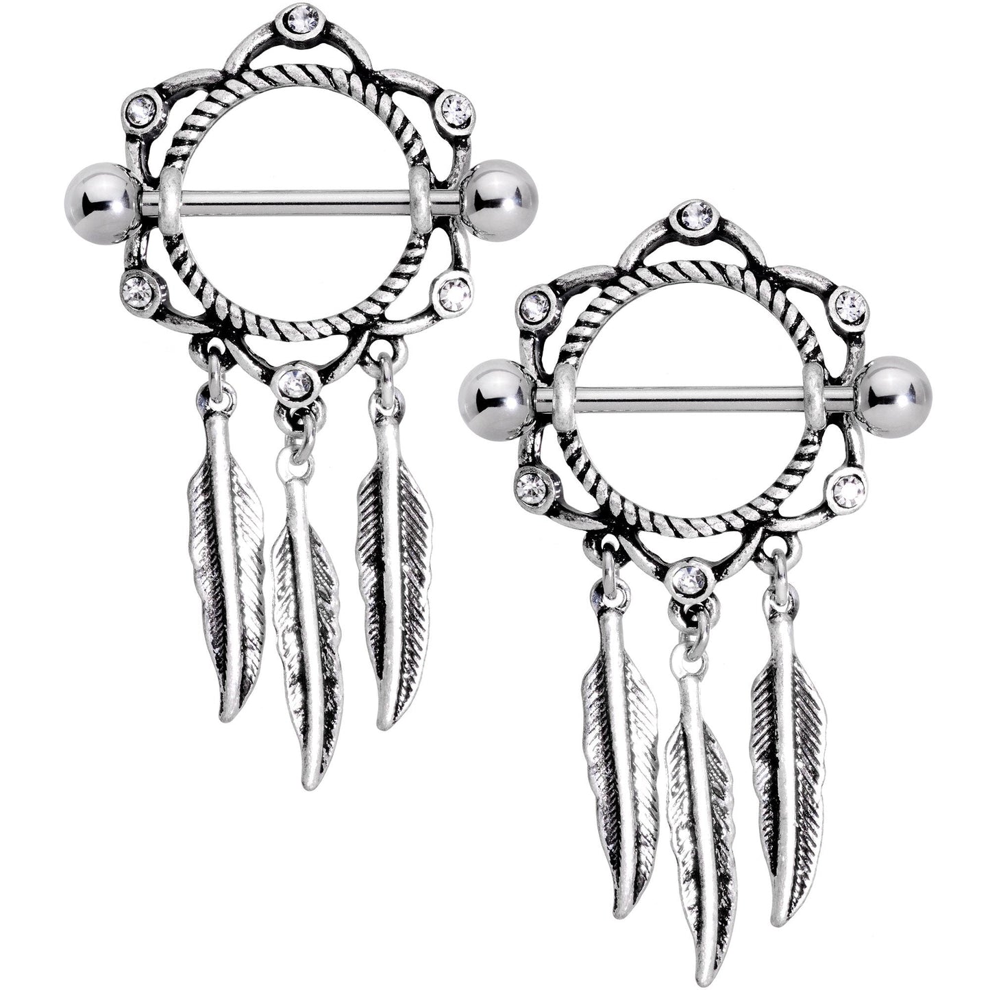 14G 9/16 Clear Gem Lotus Flower Feather Dangle Nipple Shield Set