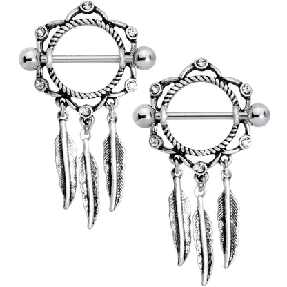 14G 9/16 Clear Gem Lotus Flower Feather Dangle Nipple Shield Set
