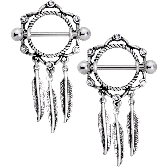 14G 9/16 Clear Gem Lotus Flower Feather Dangle Nipple Shield Set