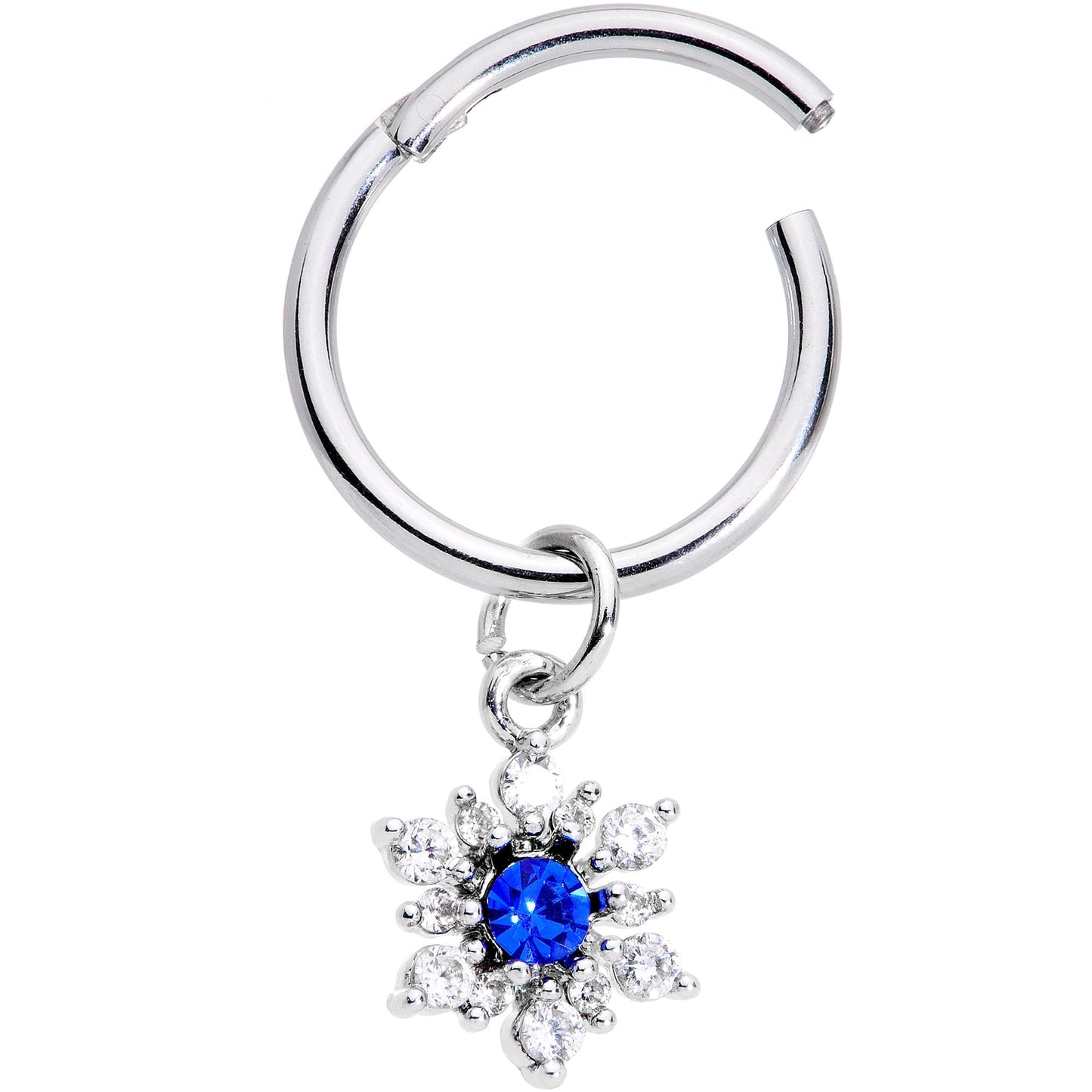 16G 3/8 Blue Clear Snowflake Hinged Dangle Segment Ring