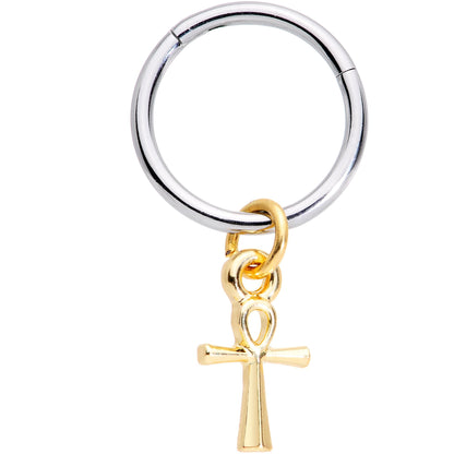 16G 3/8 Gold Tone Egyptian Ankh Hinged Dangle Segment Ring