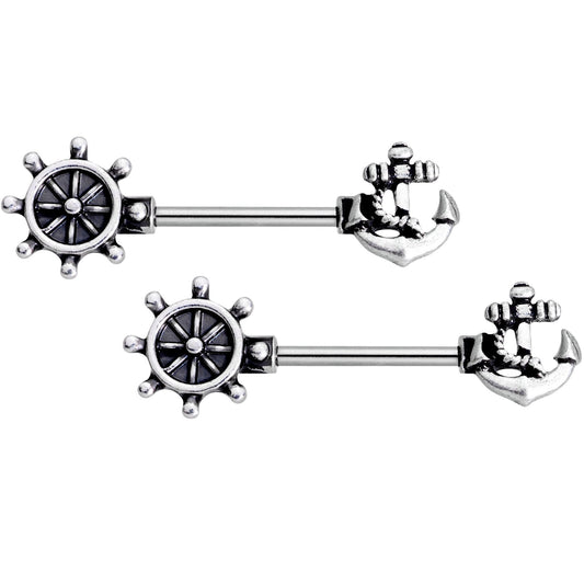 14G 9/16 Wheel and Anchor Nautical Barbell Nipple Ring Set