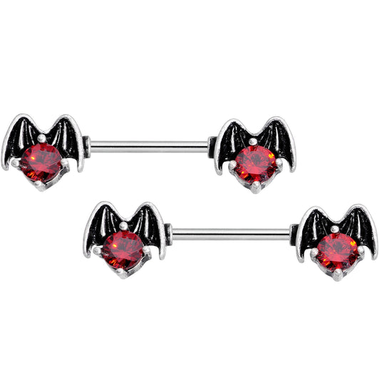 14G 9/16 Red Gem Halloween Night Bat Barbell Nipple Ring Set