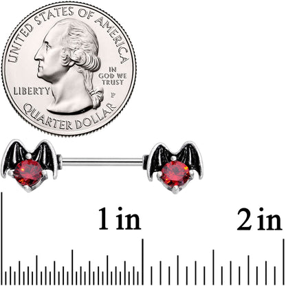 14G 9/16 Red Gem Halloween Night Bat Barbell Nipple Ring Set