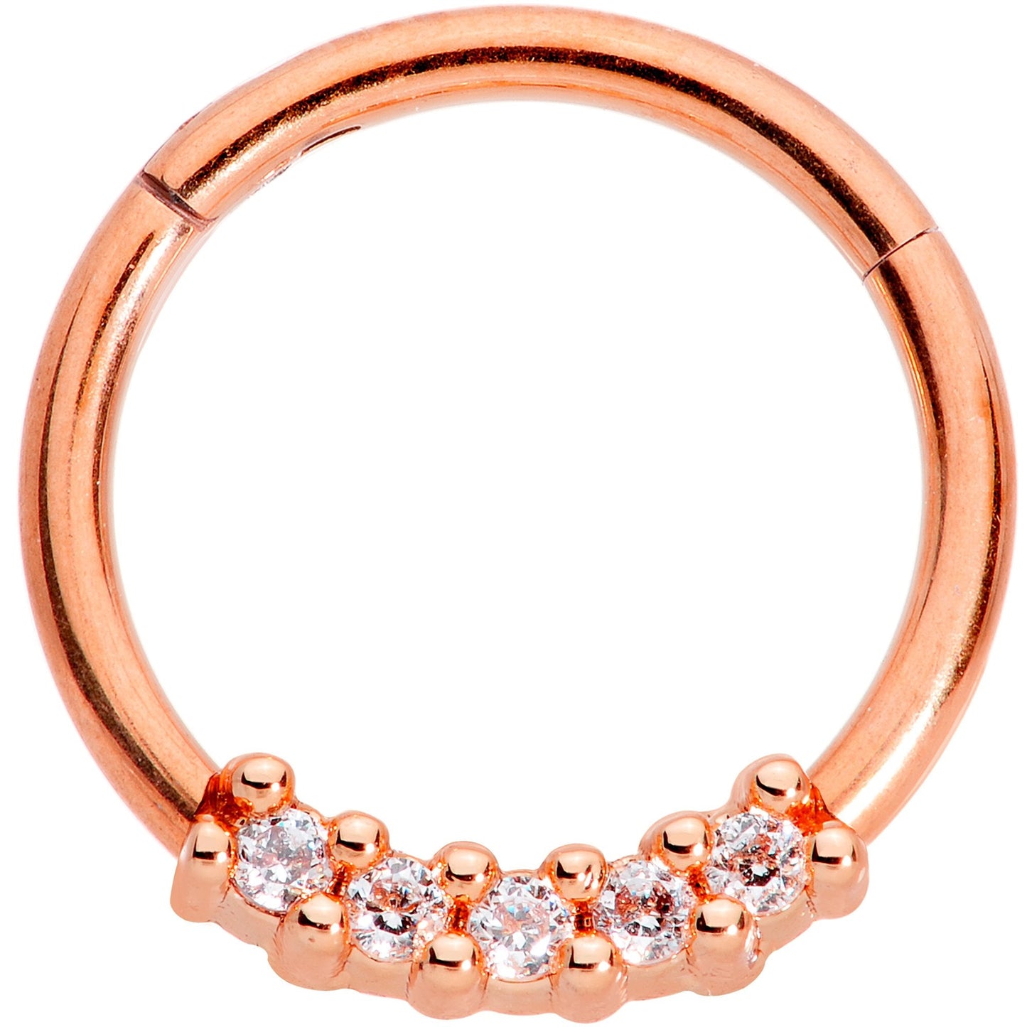 16G 3/8 Clear CZ Gem Rose Gold Tone Quartet Hinged Segment Ring