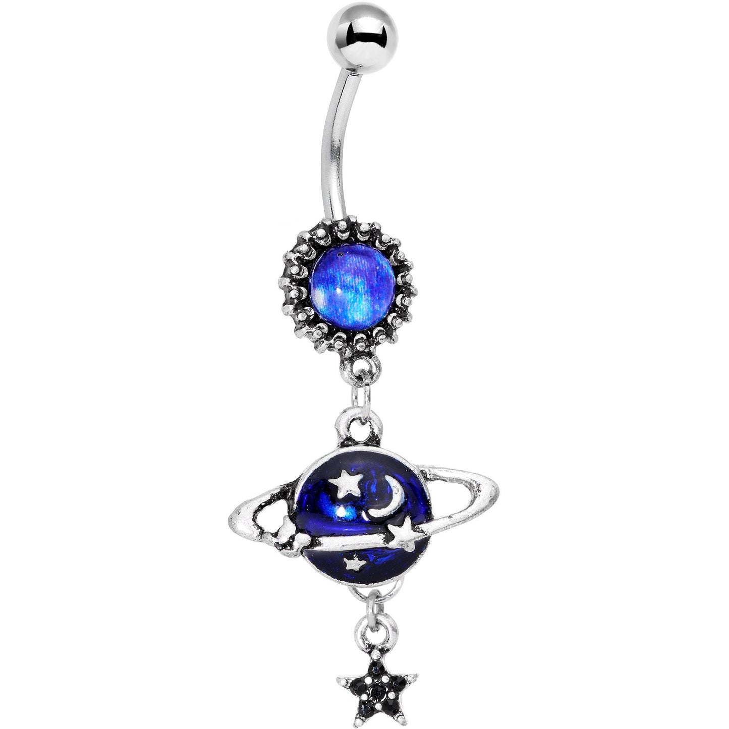 Black Gem Blue Planet Saturn Orbiting Stars Dangle Belly Ring