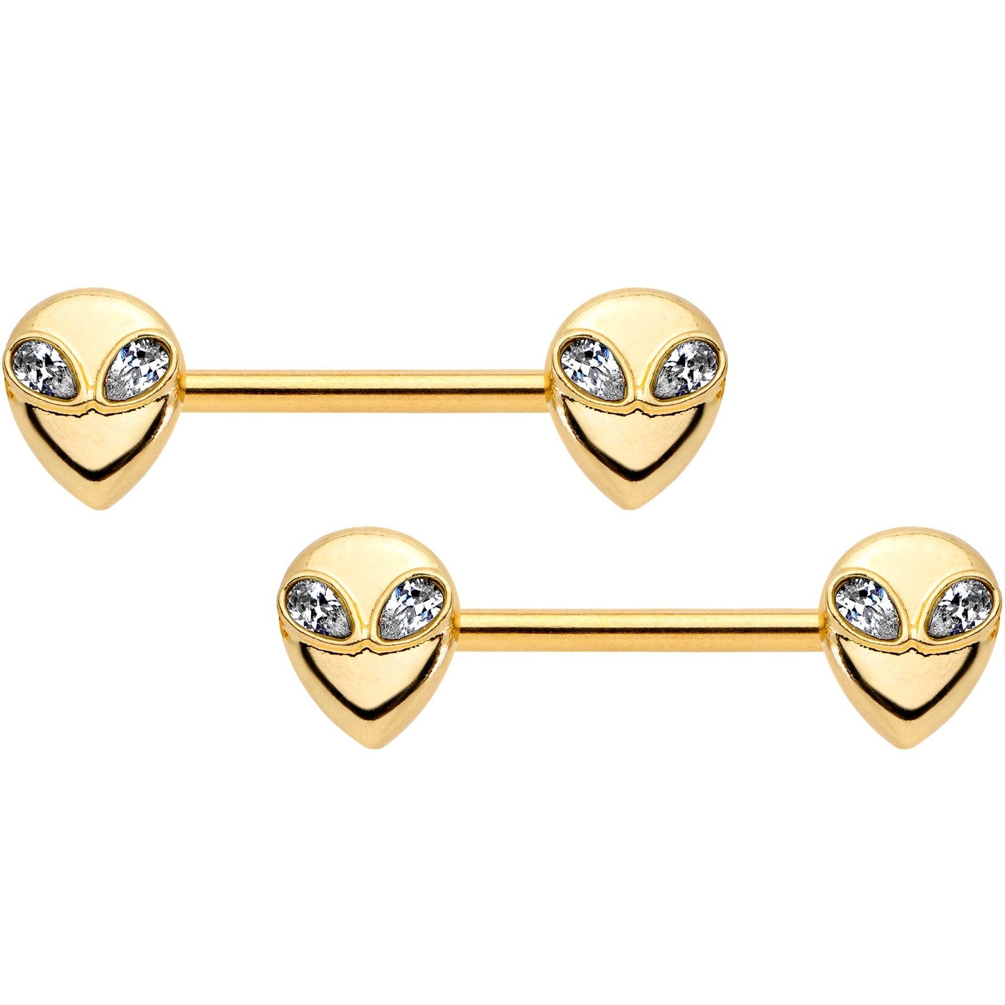 14G 9/16 Clear Gem Gold PVD Space Alien Barbell Nipple Ring Set
