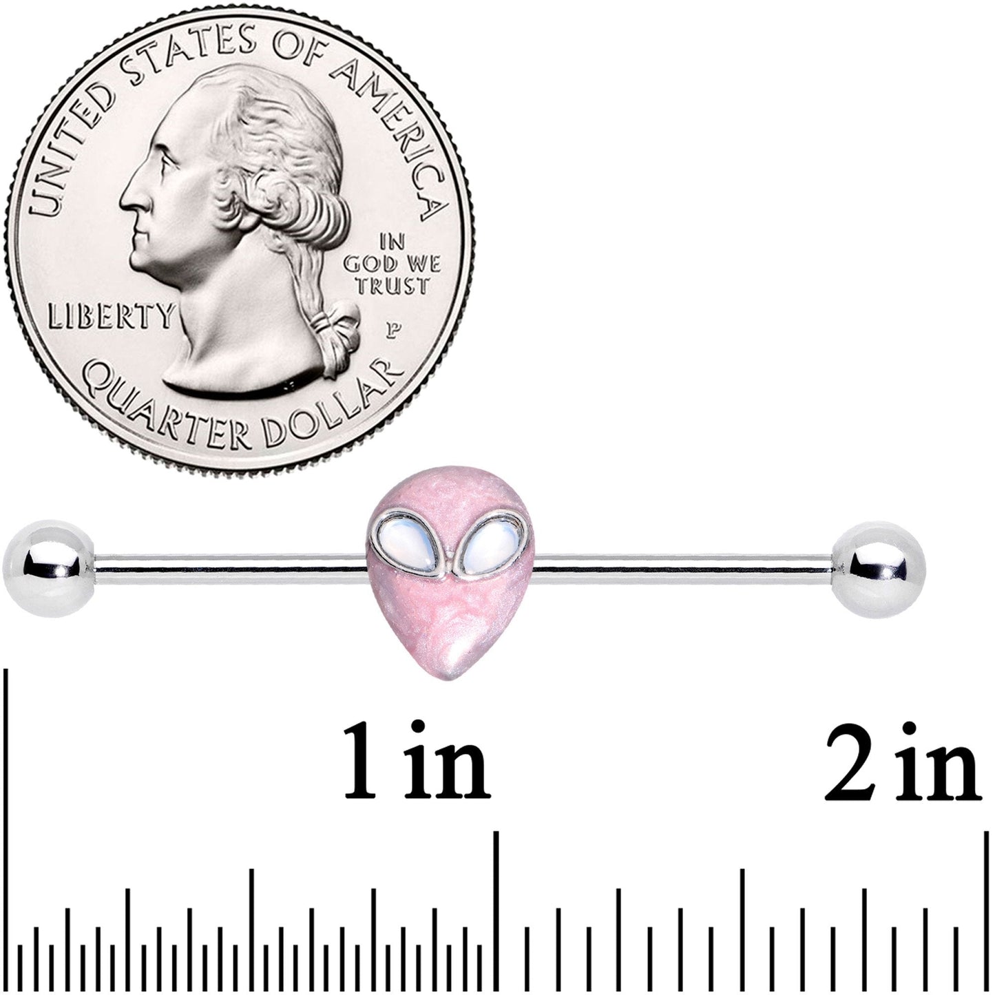 14G White Faux Opal Pink Alien Invader Industrial Barbell 38mm