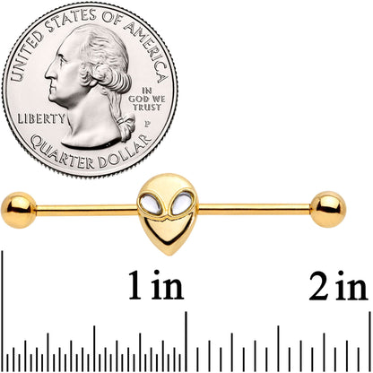 14G Clear Gem Gold Tone Alien Invader Industrial Barbell 38mm