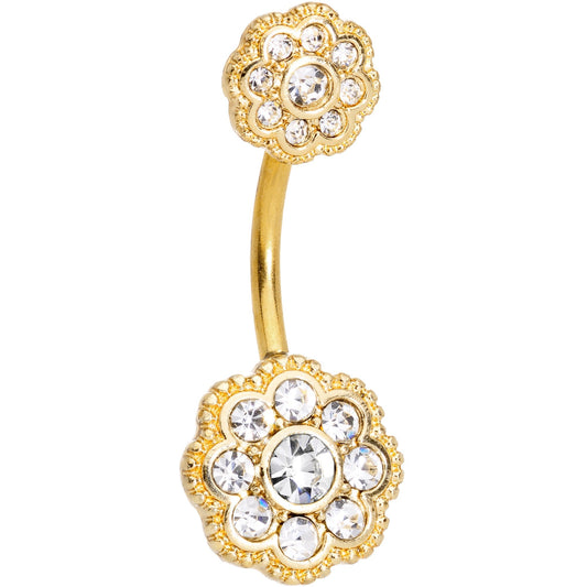 Clear CZ Gem Gold Tone Art Deco Flower Double Mount Belly Ring