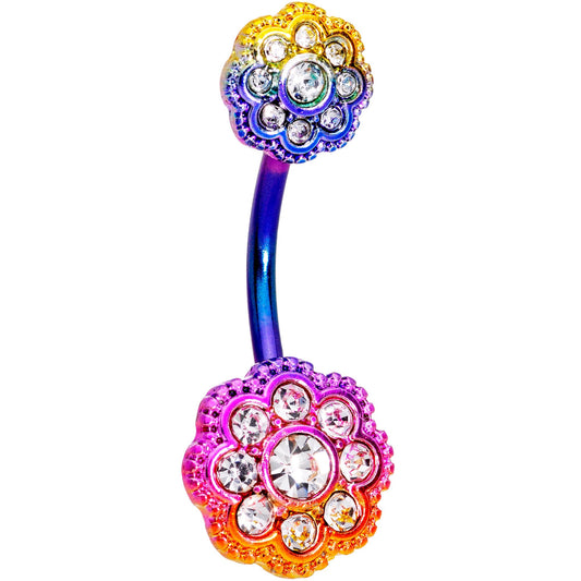 Clear CZ Gem Rainbow Art Deco Flower Double Mount Belly Ring