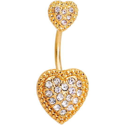 Clear CZ Gem Gold Tone Art Deco Heart Double Mount Belly Ring