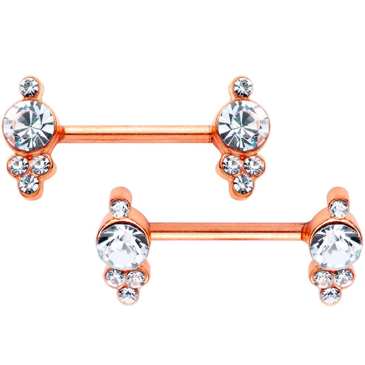 14G 9/16 Clear Gem Rose Gold Tone Circle Barbell Nipple Ring Set