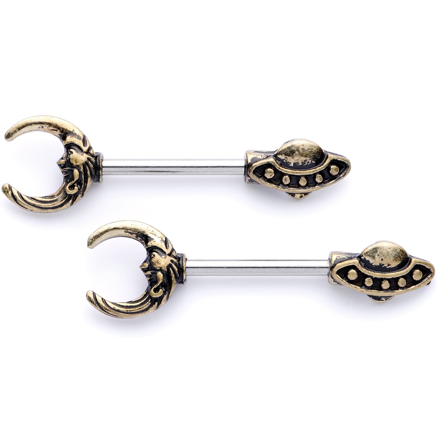 14G 9/16 Crescent Moon Space Ship UFO Barbell Nipple Ring Set