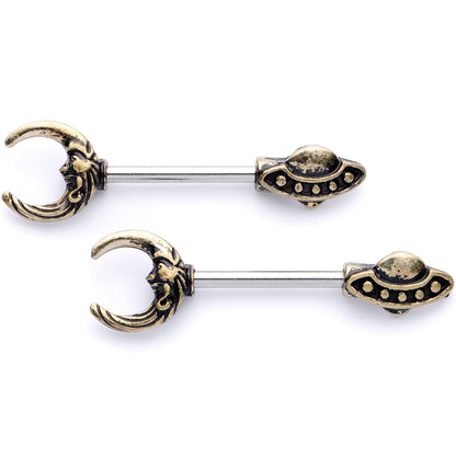 14G 9/16 Crescent Moon Space Ship UFO Barbell Nipple Ring Set