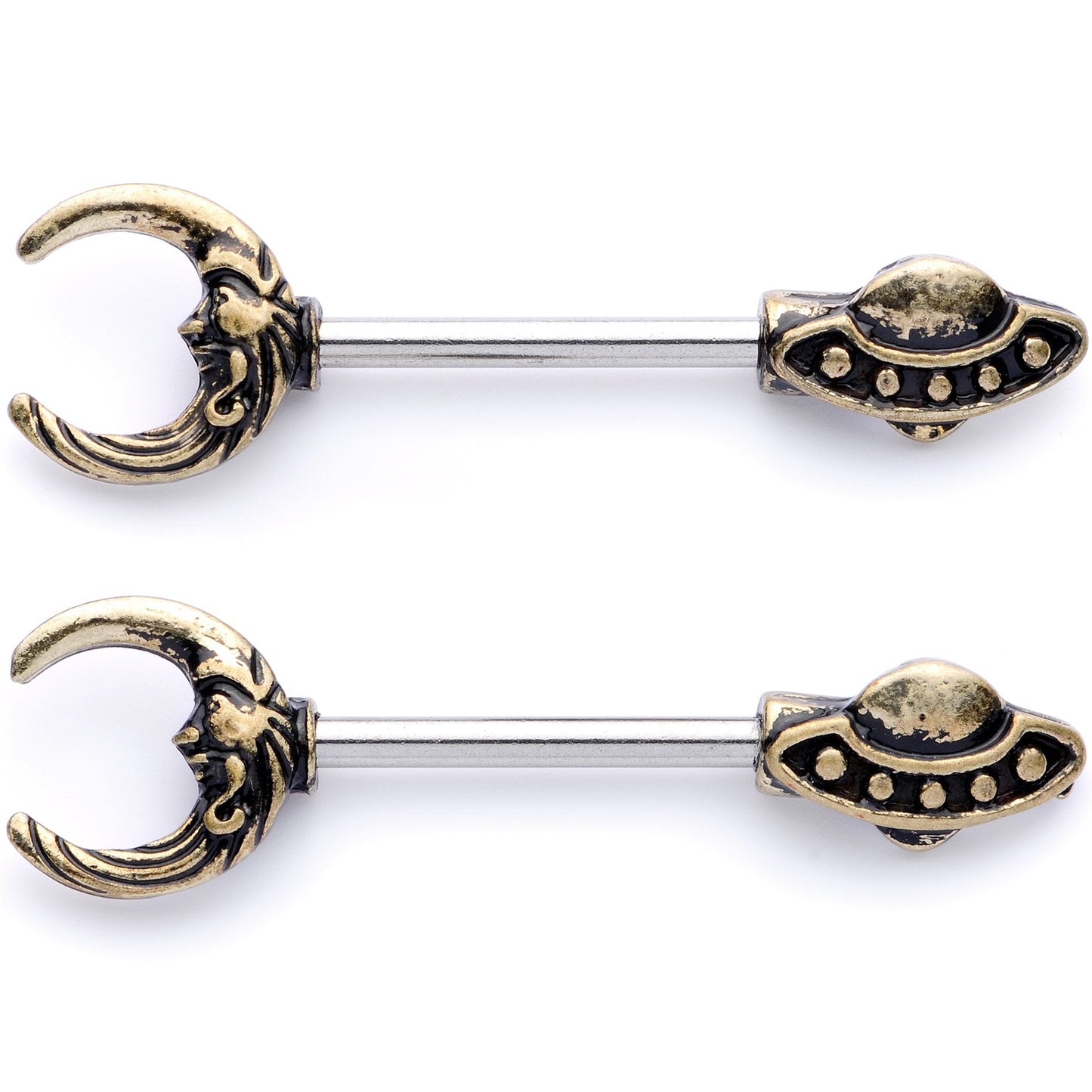 14G 9/16 Crescent Moon Space Ship UFO Barbell Nipple Ring Set