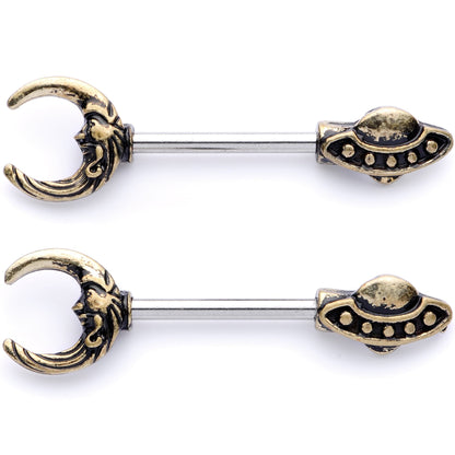 14G 9/16 Crescent Moon Space Ship UFO Barbell Nipple Ring Set
