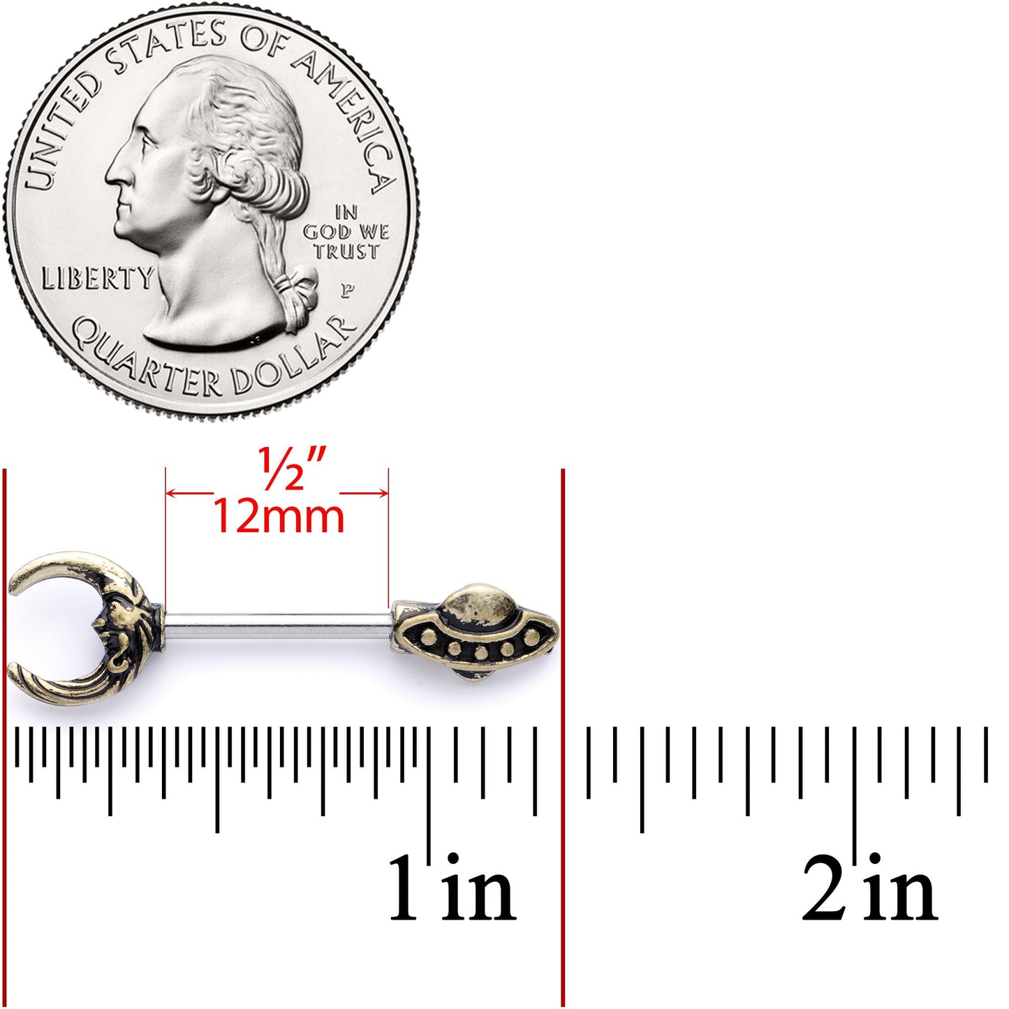 14G 9/16 Crescent Moon Space Ship UFO Barbell Nipple Ring Set