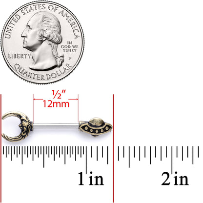 14G 9/16 Crescent Moon Space Ship UFO Barbell Nipple Ring Set