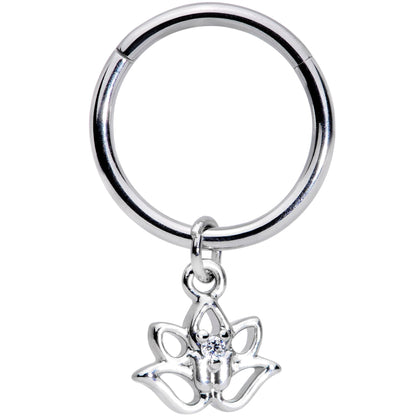 16G 3/8 Clear CZ Gem Lotus Flower Dangle Hinged Segment Ring
