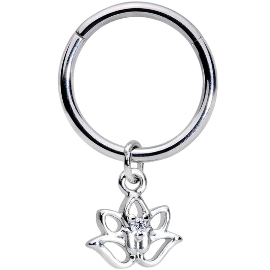 16G 3/8 Clear CZ Gem Lotus Flower Dangle Hinged Segment Ring
