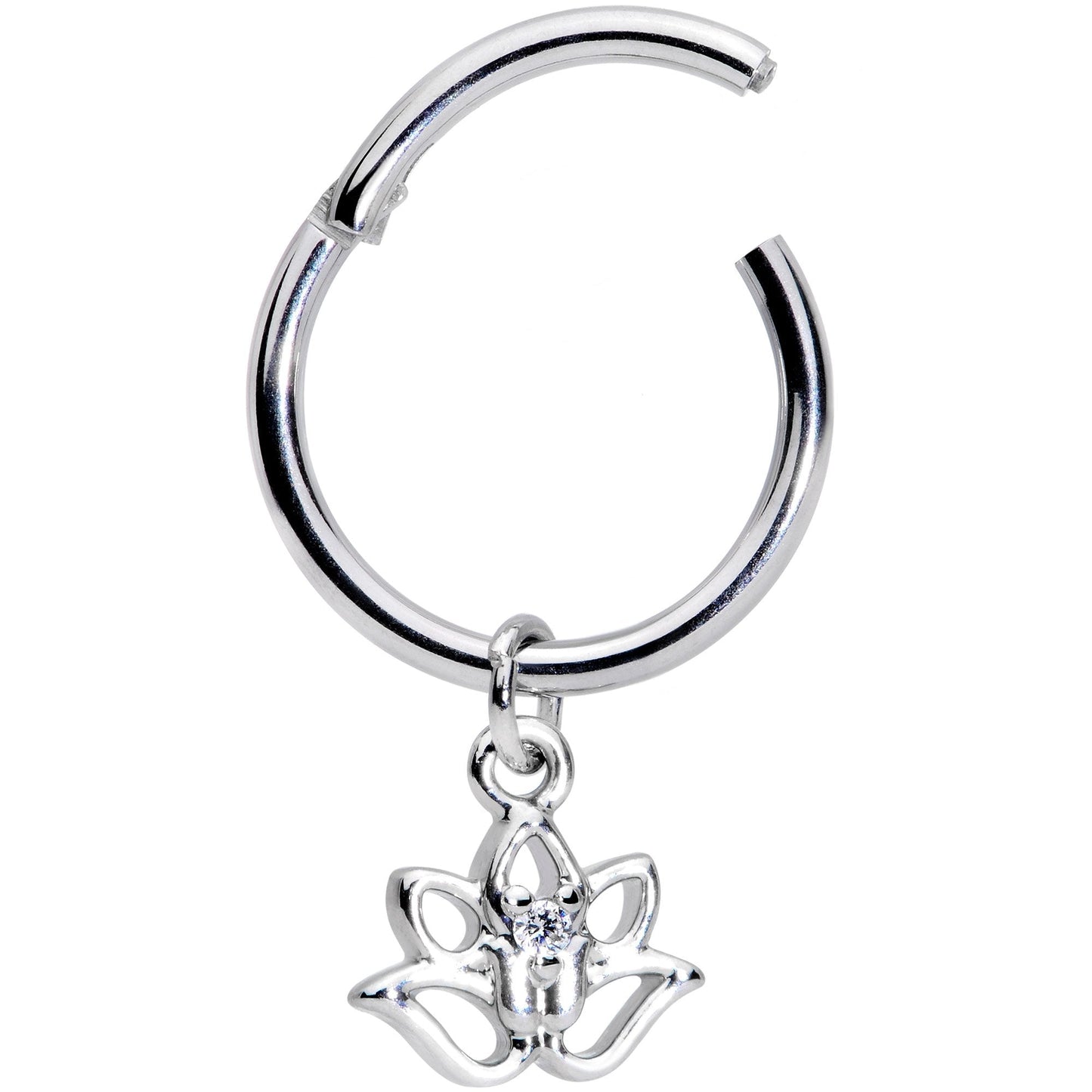 16G 3/8 Clear CZ Gem Lotus Flower Dangle Hinged Segment Ring