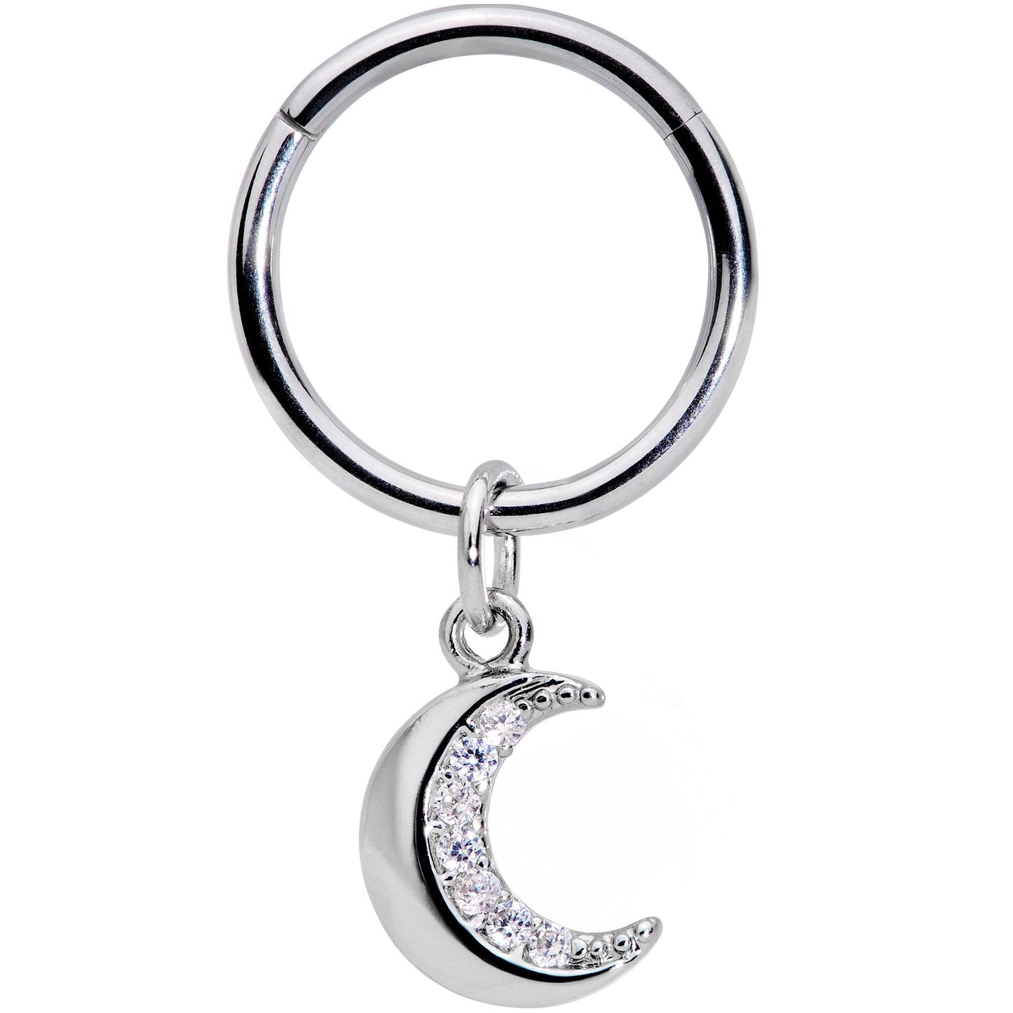 16G 3/8 Clear CZ Gem Crescent Moon Dangle Hinged Segment Ring