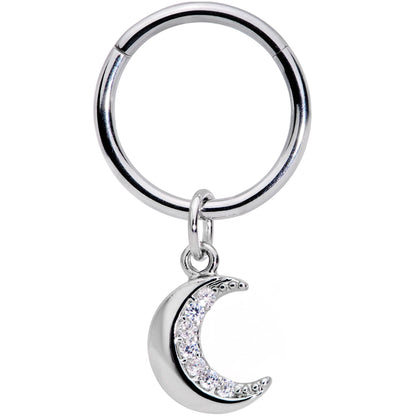 16G 3/8 Clear CZ Gem Crescent Moon Dangle Hinged Segment Ring