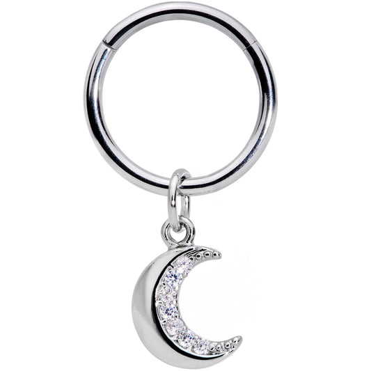 16G 3/8 Clear CZ Gem Crescent Moon Dangle Hinged Segment Ring