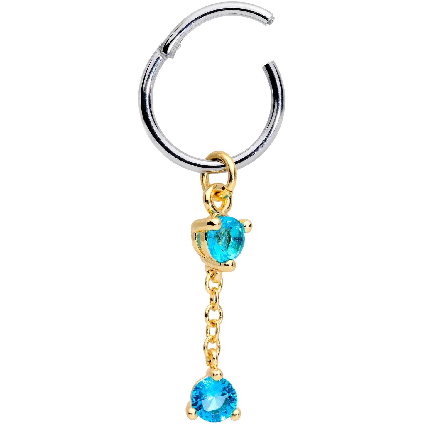 16G 3/8 Blue Cubic Zirconia Gem Chain Dangle Hinged Segment Ring