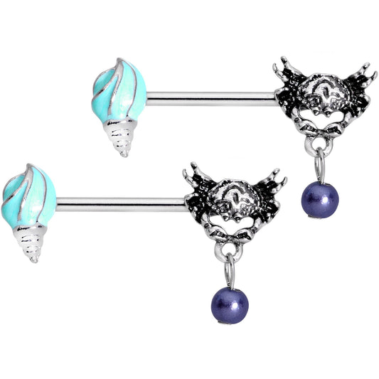 14G 9/16 Nautical Shell and Crab Dangle Barbell Nipple Ring Set