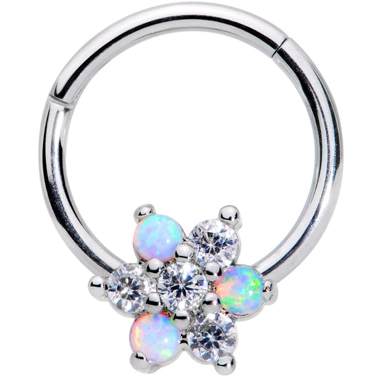16G 3/8 White Synthetic Opal Snow Star Hinged Segment Ring
