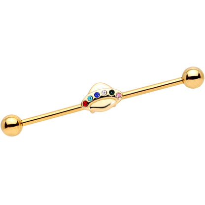 14G Multicolor Gem Gold Tone UFO Industrial Barbell 38mm